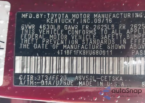 2017 Toyota Camry Se из США, поврежденный, VIN 4T1BF1FK8HU680011